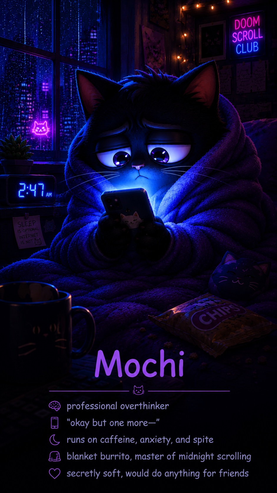 Mochi wrapped in a blanket at 2:47AM, lit by a phone screen.