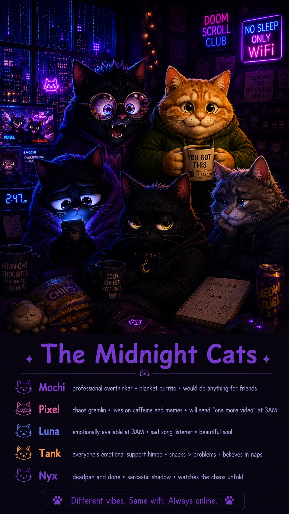 The Midnight Cats cast gathered in the apartment.